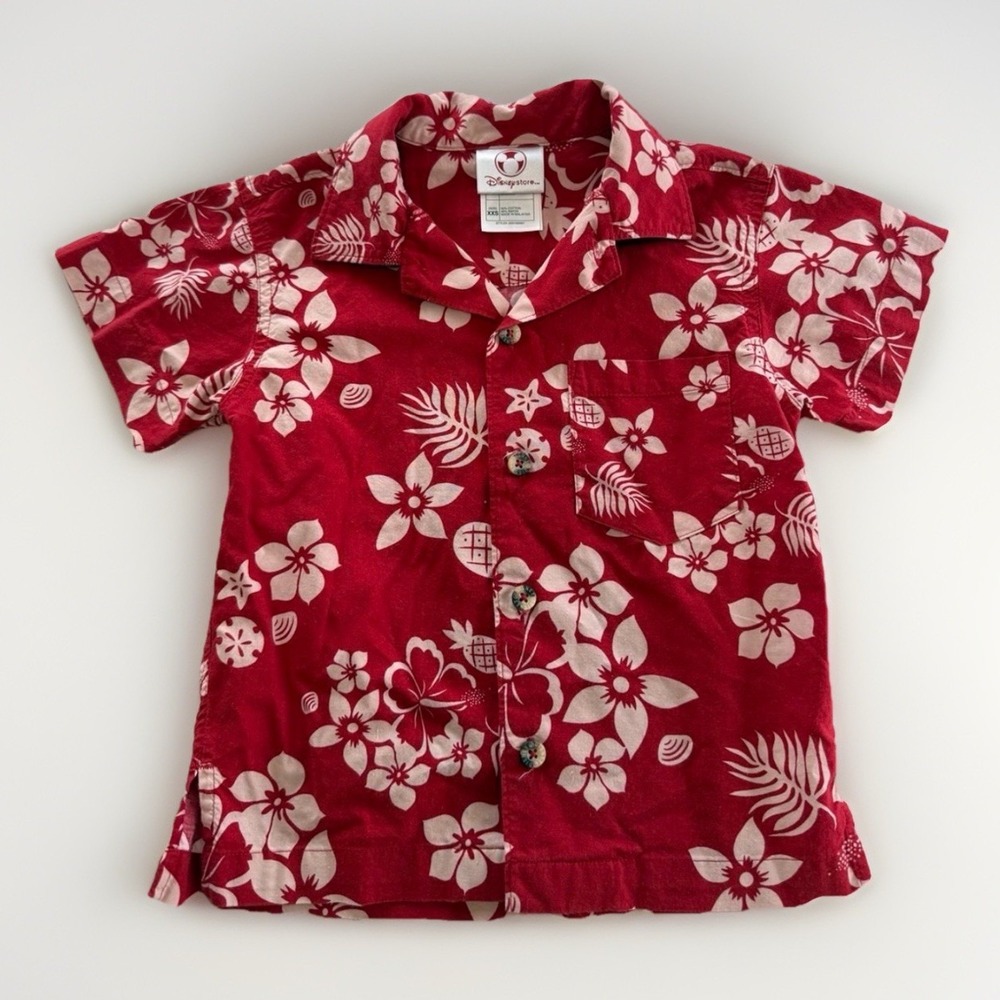 Disney Vintage Kids Red Mickey Goofy Hawaiian Button Shirt Size XXS Surf